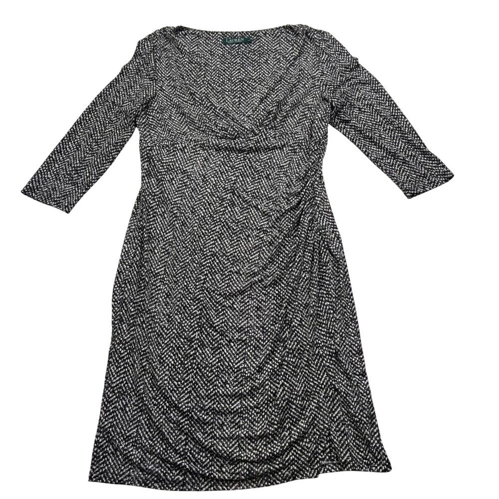 Lauren Ralph Lauren Sheath Dress Womens 14 Ruched V-Neck 3/4 Sleeves Faux Wrap